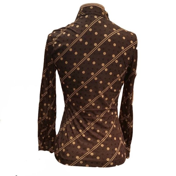 Vintage 70'S Hukapoo Disco style brown and crème polka dot and stripe shirt sz S - Picture 2 of 7